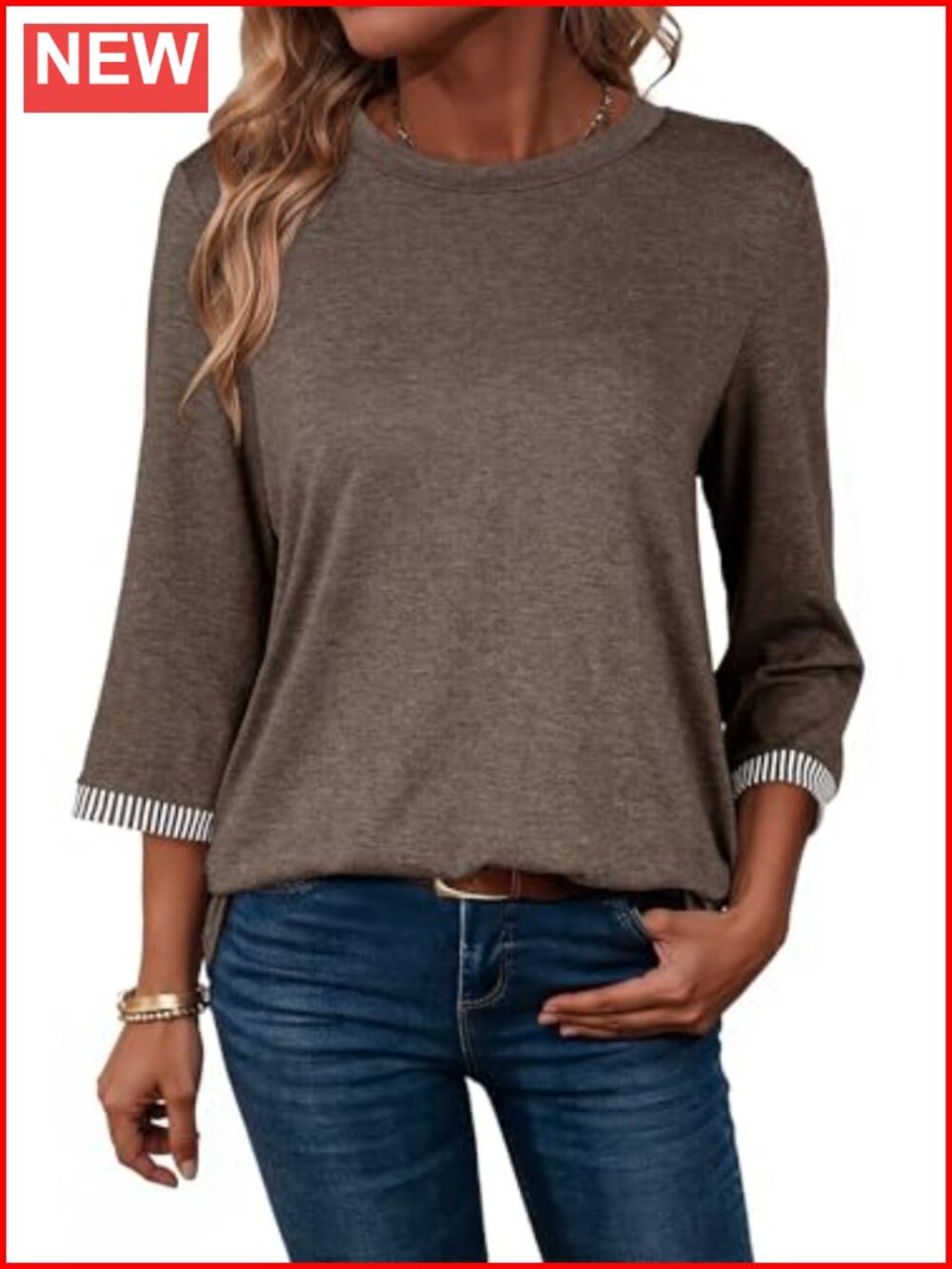 3/4 Sleeve Women's Lightweight Crew Neck Loose Fit Basic Tee